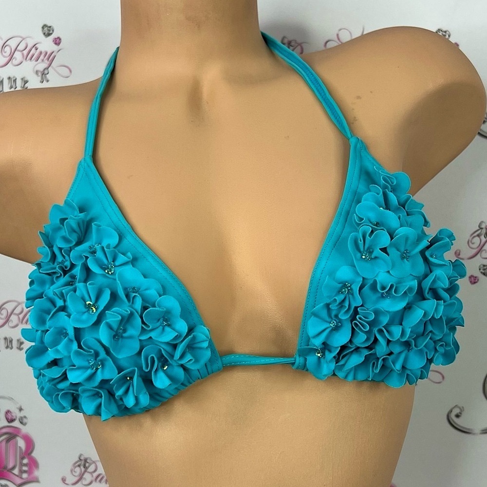 Bikini top flowers 3D embroidered sequins Women's Blue Floral Bikini Top
